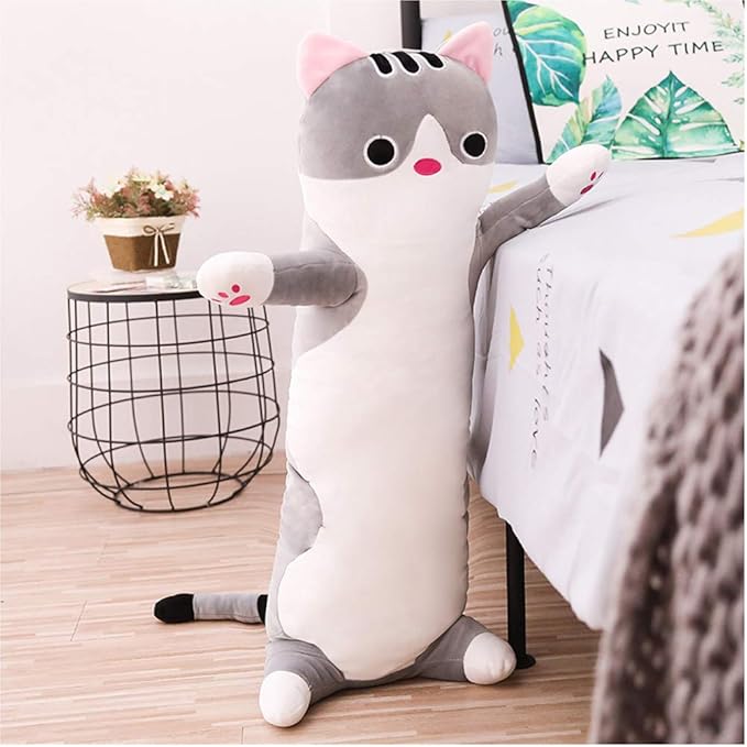 Long Cat Plush Pillow, Soft Cat Stuffed Animals Body Pillow Kitten Plush Hugging Pillow Toy Gifts for Kids (Gray, 35.4 inch)