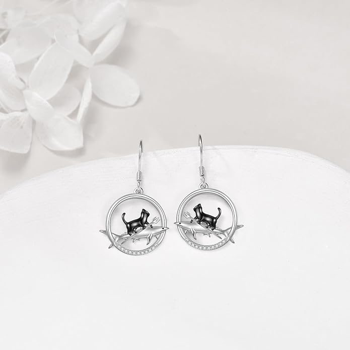 YFN Cat Earrings for Women Sterling Silver Shark Dangle Earrings Cat Jewelry Gifts for Women Cat Lover Shark Jewelry for Shark Lover