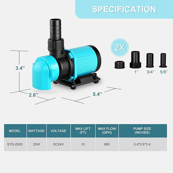 660GPH Aquarium Return pump with LCD display controller, DC 24V 25W aquarium pump for saltwater freshwater aquarium,fish tank,sump,20 speeds ECO Quiet Submersible and inline pump