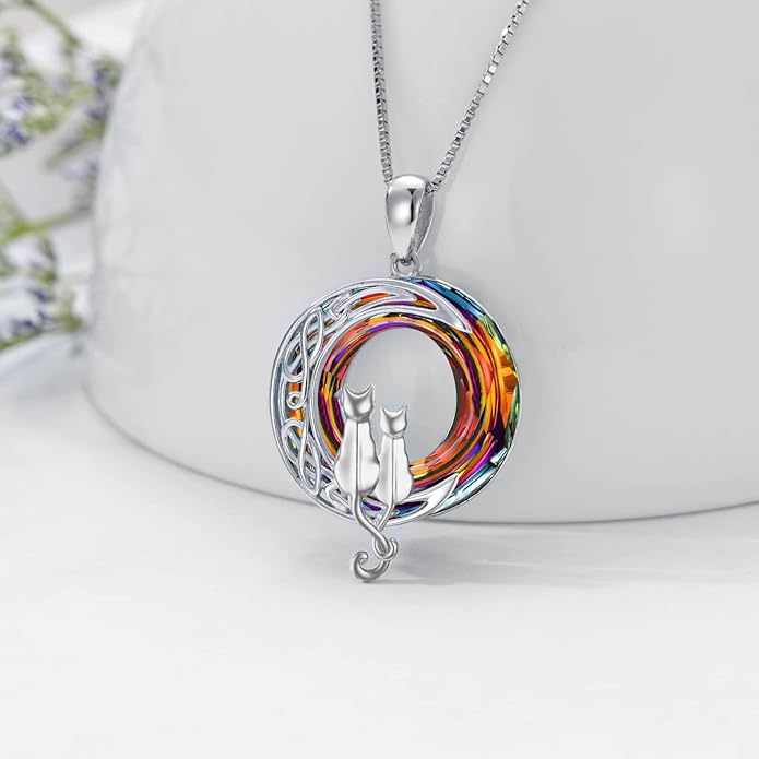 TOUPOP Cat Gifts for Cat Lovers 1 2 3 Cats Necklace Sterling Silver Cat on the Moon Pendant Necklace with Blue Circle Crystal Birthday Christmas Celtic Jewelry Gifts for Women