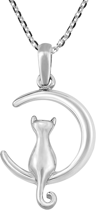 AeraVida Charming Cat Sitting on Crescent Moon .925 Sterling Silver Necklace | Crescent Moon Sterling Silver Necklace for Women