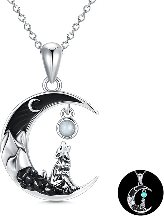 Gothic Jewelry Bat/Cat/Wolf/Dragon/Owl/Fox/Spider/Sun Pendant Sterling Silver Crescent Moon Necklace for Women Girls Black Jewelry Gifts