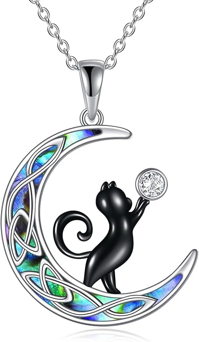 925 Sterling Silver Celtic Crescent Moon Animal Necklace for Women Fox/Black Cat/Hummingbird Crystal/Abalone Shell Pendant Jewelry Gift for Mom Daughter