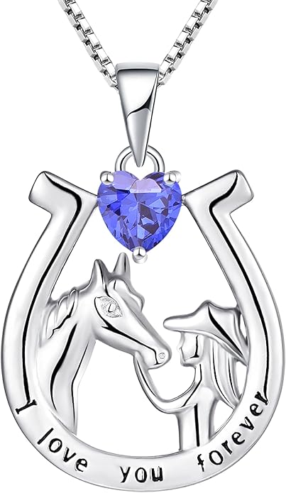 YL Women's Horse Necklace 925 Sterling Silver Horseshoe Pendant Birthstone Animals Jewelry