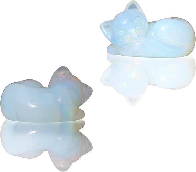 2" Sleeping Cat Statue Opalite Healing Crystals Hand Carved Cute Kitten Figurine, Worry Stone for Anxiety Relif Home Desk Decor Animal Figurine (Opalite)