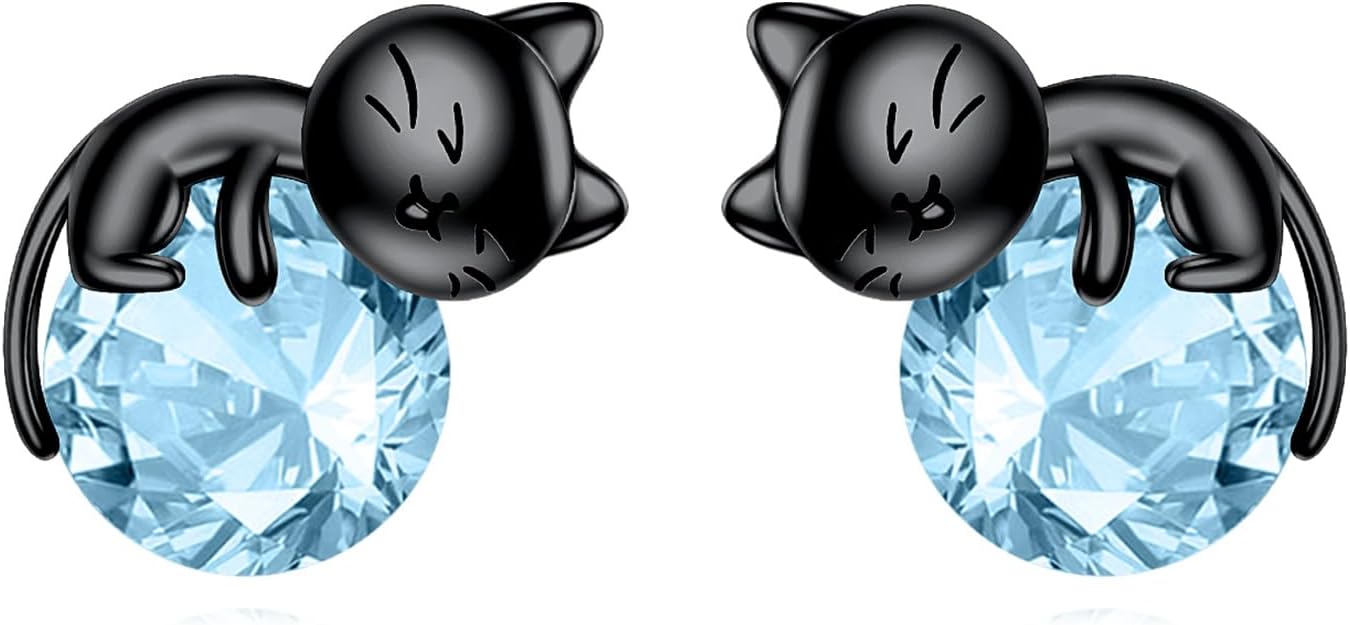 Sterling Silver Birthstone Black Cat Stud Earrings - Cat Birthstone Earrings for Women's Birthday Gift