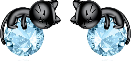 Sterling Silver Birthstone Black Cat Stud Earrings - Cat Birthstone Earrings for Women's Birthday Gift
