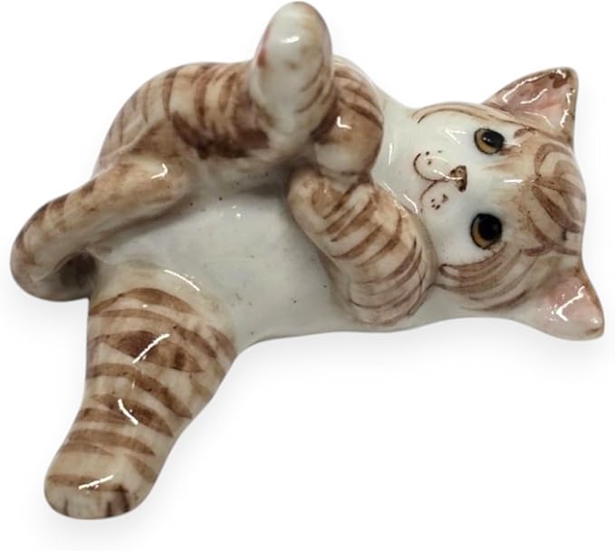 WitnyStore Tiny 1¾" Long White Brown Tabby Shorthair Cat Lying Leg Up Figurine - Miniature Hand Made Painted Ceramic Cats Kitten Feline Animals Cute Porcelain Decorative Collectible Figure Décor Gifts