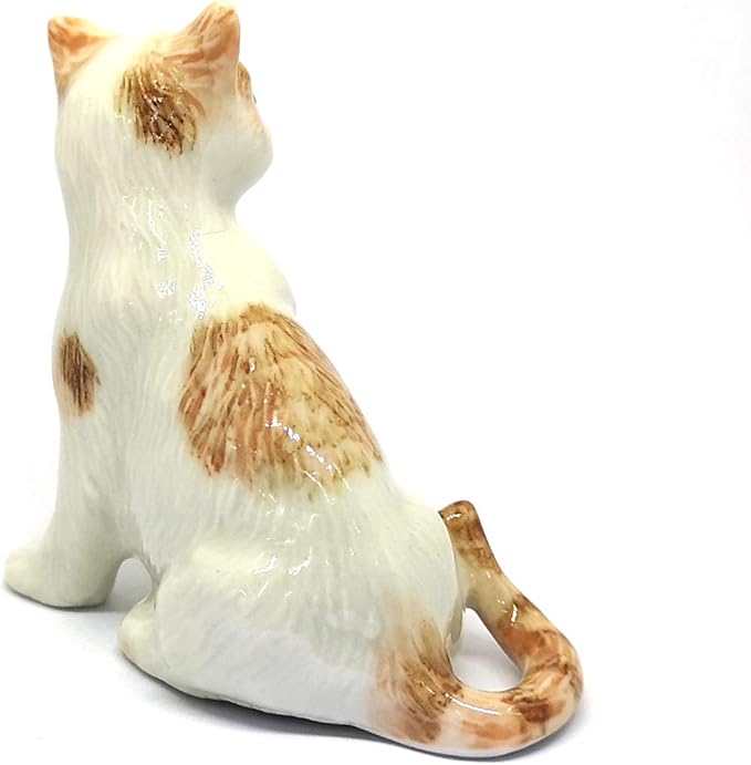 ZOOCRAFT Ceramic Cat Figurine Porcelain Handmade Miniatures Collectible White Brown Sitting