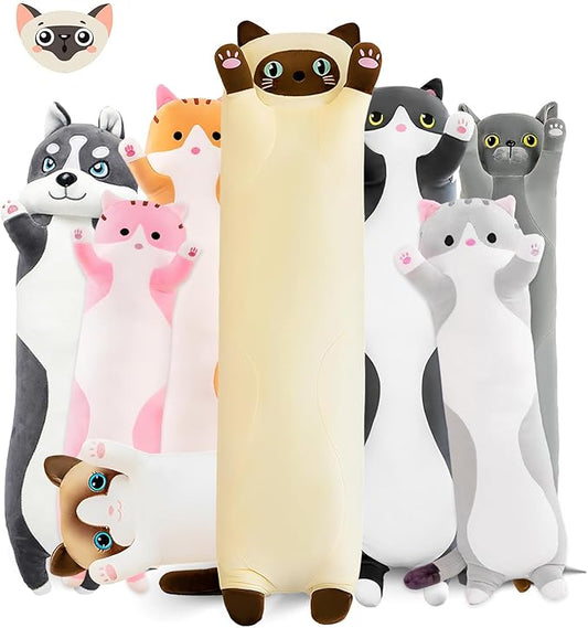 Long Cat Plush Pillow, 43.3in Cute Yellow Cat Plushie Stuffed Animals Body Pillow, Kawaii Kitten Soft Plushie Doll Toy Birthday Gift for Kids Girlfriend