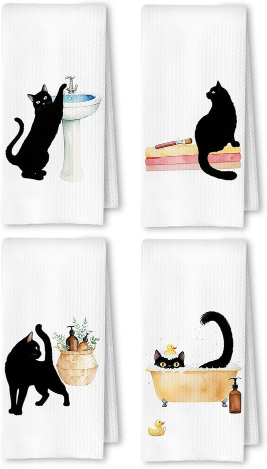 Funny Black Cat Hand Towels for Bathroom Set of 4, Black Cat Bathroom Decor for Lover Gifts for Women, 16x24 Inch