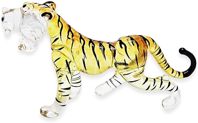 WitnyStore Tiny 2½" Long Yellow Black Standing Tiger Roaring Figurine - Miniature Hand Blown Painted Glass Panthera Wild Cat Small Crystal Wildlife Animals Decorative Collectible Figurines Décor Gifts