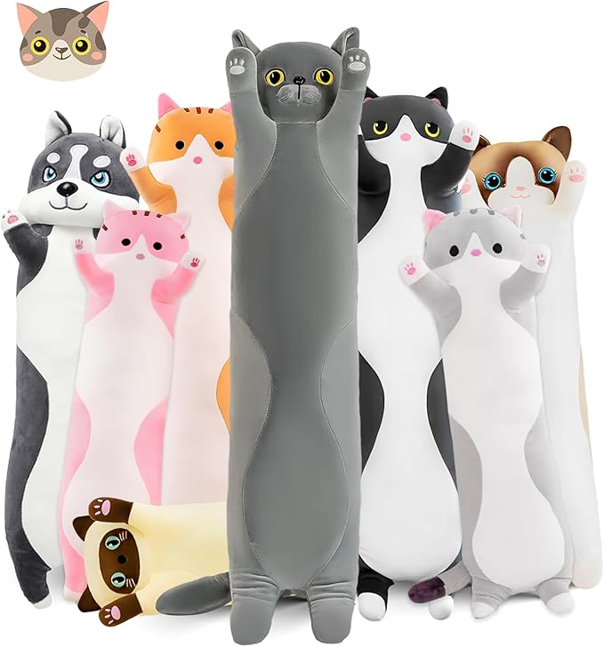 Long Cat Plush Pillow, 19.6in Cute Gray Cat Plushie Stuffed Animals Body Pillow, Kawaii Kitten Soft Plushie Doll Toy Birthday Gift for Kids Girlfriend