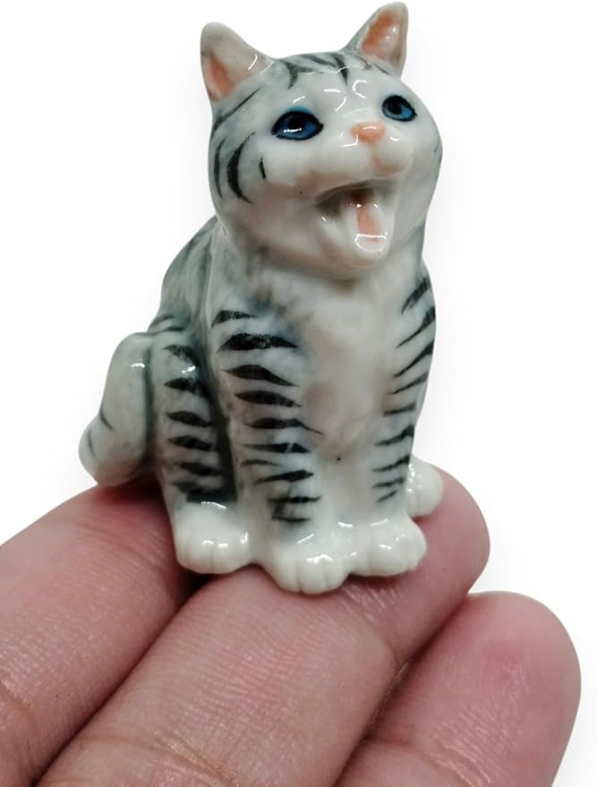 WitnyStore Tiny 1⅜" Long Gray White Tabby Shorthair Cat Sitting Yawn Figurine - Miniature Hand Made Painted Ceramic Cats Kitten Feline Animal Cute Porcelain Decorative Collectible Figures Décor Gifts