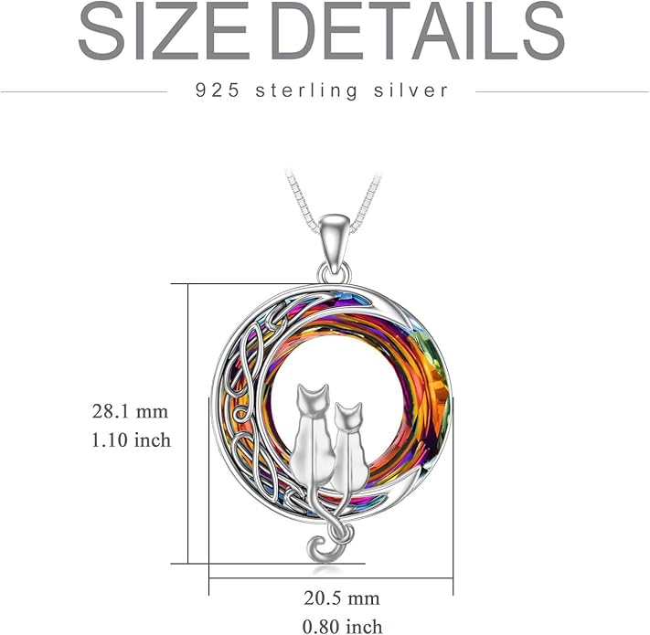 TOUPOP Cat Gifts for Cat Lovers 1 2 3 Cats Necklace Sterling Silver Cat on the Moon Pendant Necklace with Blue Circle Crystal Birthday Christmas Celtic Jewelry Gifts for Women