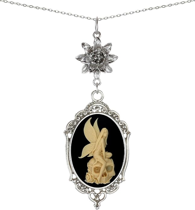 Yspace Lotus Charm Necklace Antique Decor Cameo Pendant 2 Chains Velvet Pouch for Gift