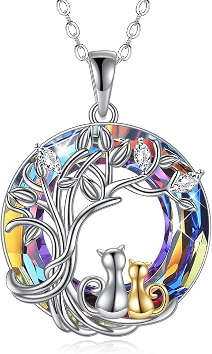 925 Sterling Silver Moon Black Cat Necklace for Women - Tree of Life Jewelry with Abalone Stone - Cat Lover Birthday Gift