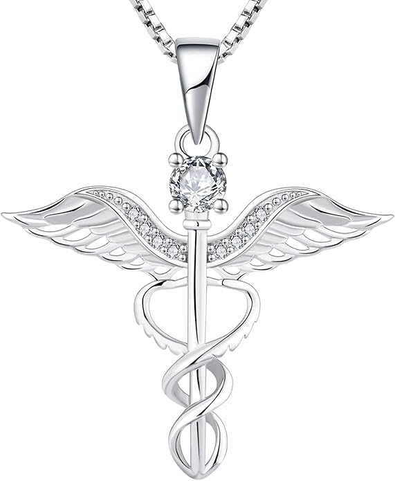 YL Caduceus Necklace Sterling Silver Doctor Nurse Themed Pendant Birthstone Angel Wings Snake Jewelry for Women