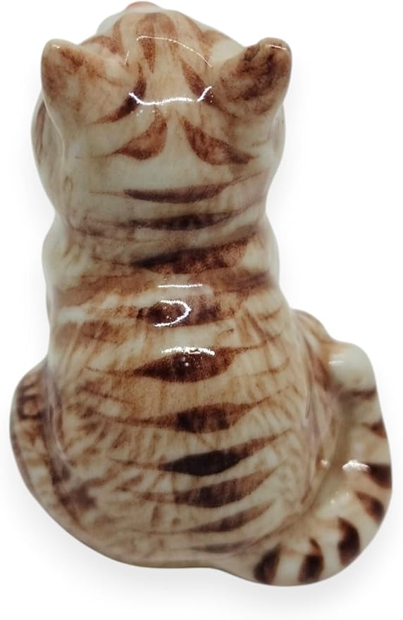 WitnyStore Tiny 1⅜" Long Brown White Tabby Shorthair Cat Sitting Yawn Figurine - Miniature Hand Made Painted Ceramic Cats Kitten Feline Animal Cute Porcelain Decorative Collectible Figures Décor Gifts
