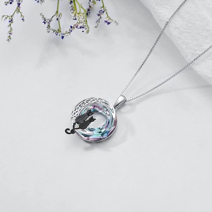 TOUPOP Cat Gifts for Cat Lovers 1 2 3 Cats Necklace Sterling Silver Cat on the Moon Pendant Necklace with Blue Circle Crystal Birthday Christmas Celtic Jewelry Gifts for Women