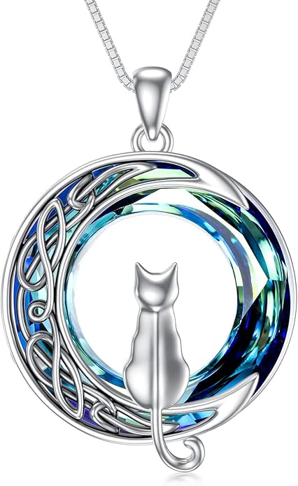 TOUPOP Cat Gifts for Cat Lovers 1 2 3 Cats Necklace Sterling Silver Cat on the Moon Pendant Necklace with Blue Circle Crystal Birthday Christmas Celtic Jewelry Gifts for Women