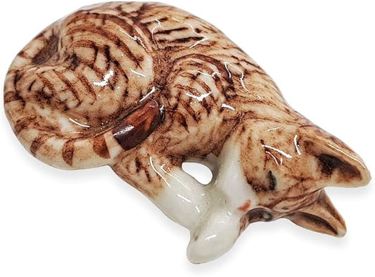 WitnyStore Tiny 1½" Brown White Tabby Shorthair Cat Sleeping Curled Figurine - Miniature Hand Made Painted Ceramic Cats Kitten Feline Animal Cute Porcelain Decorative Collectible Figures Décor Gifts