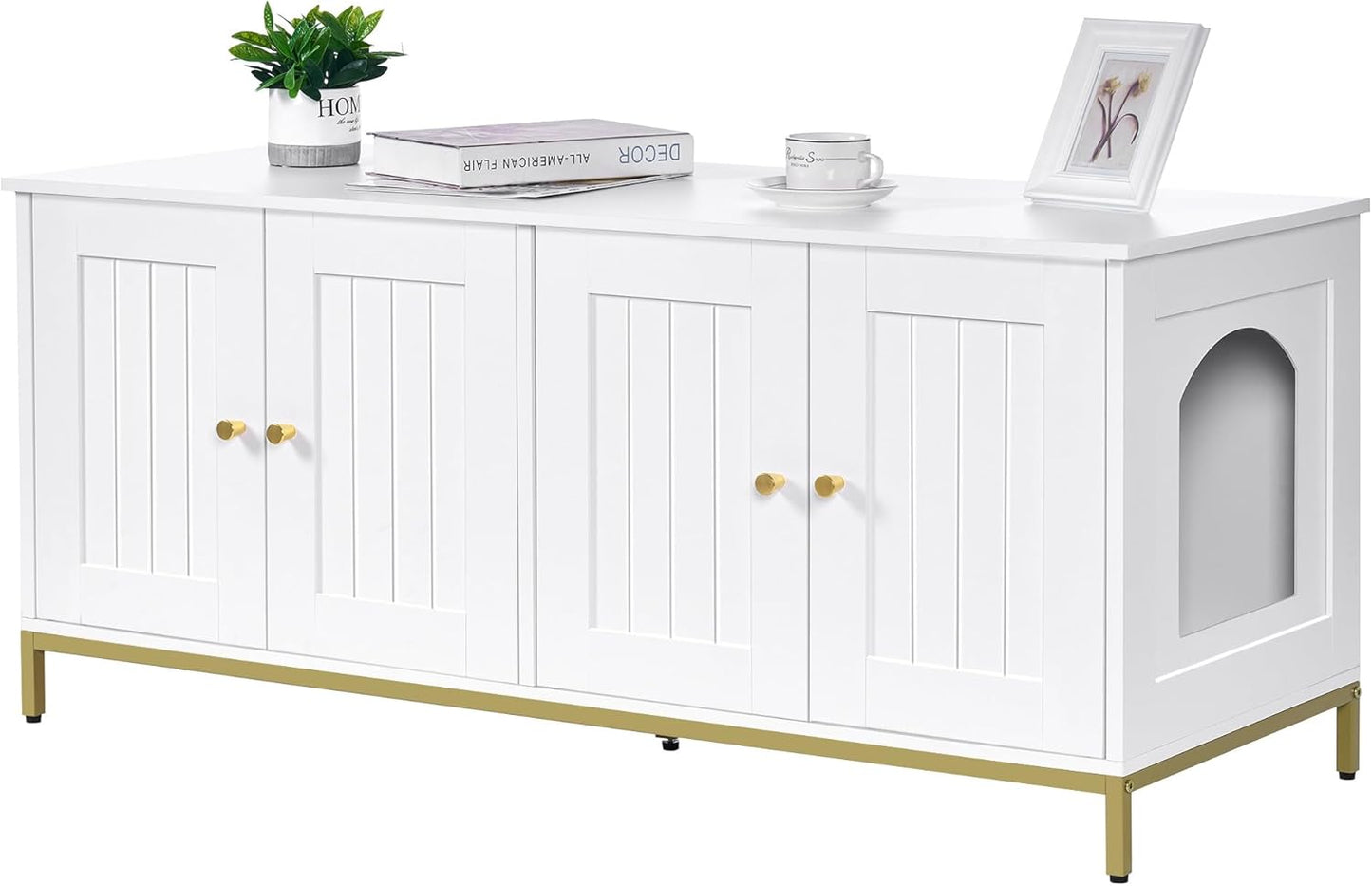 Homhedy Cat Litter Box Enclosure for 2 Cats, Cat Washroom Furniture with Double Room, Pet House with Metal Frame, 47.2”L x 17.7”W x 21.7”H, White and Gold