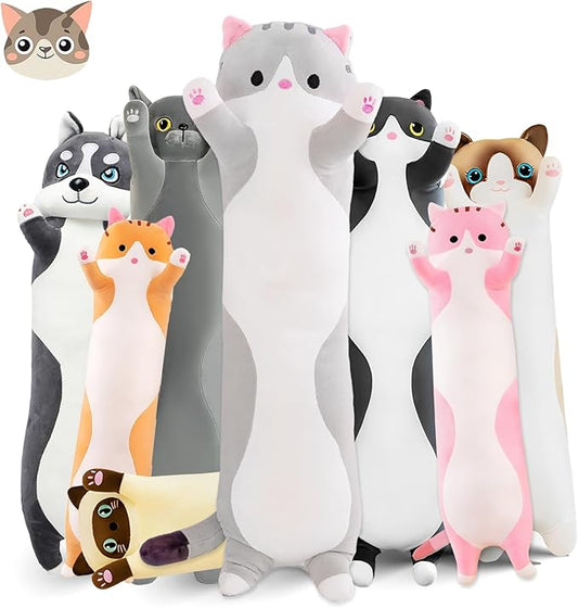 Long Cat Plush Pillow, 43.3in Cute Cat Plushie Stuffed Animals Body Pillow, Grey Kawaii Kitten Soft Plushie Doll Toy Birthday Gift for Kids Girlfriend