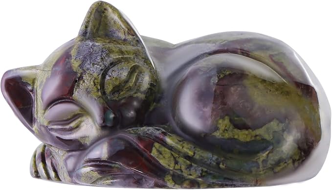 2" Sleeping Cat Statue Dragon Blood Healing Crystals Hand Carved Cute Kitten Figurine, Worry Stone for Anxiety Relif Home Desk Decor Animal Figurine