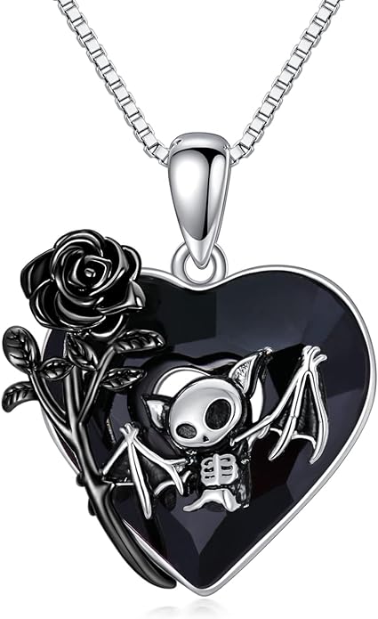 Gothic Jewelry Bat/Cat/Wolf/Dragon/Owl/Fox/Spider/Sun Pendant Sterling Silver Crescent Moon Necklace for Women Girls Black Jewelry Gifts