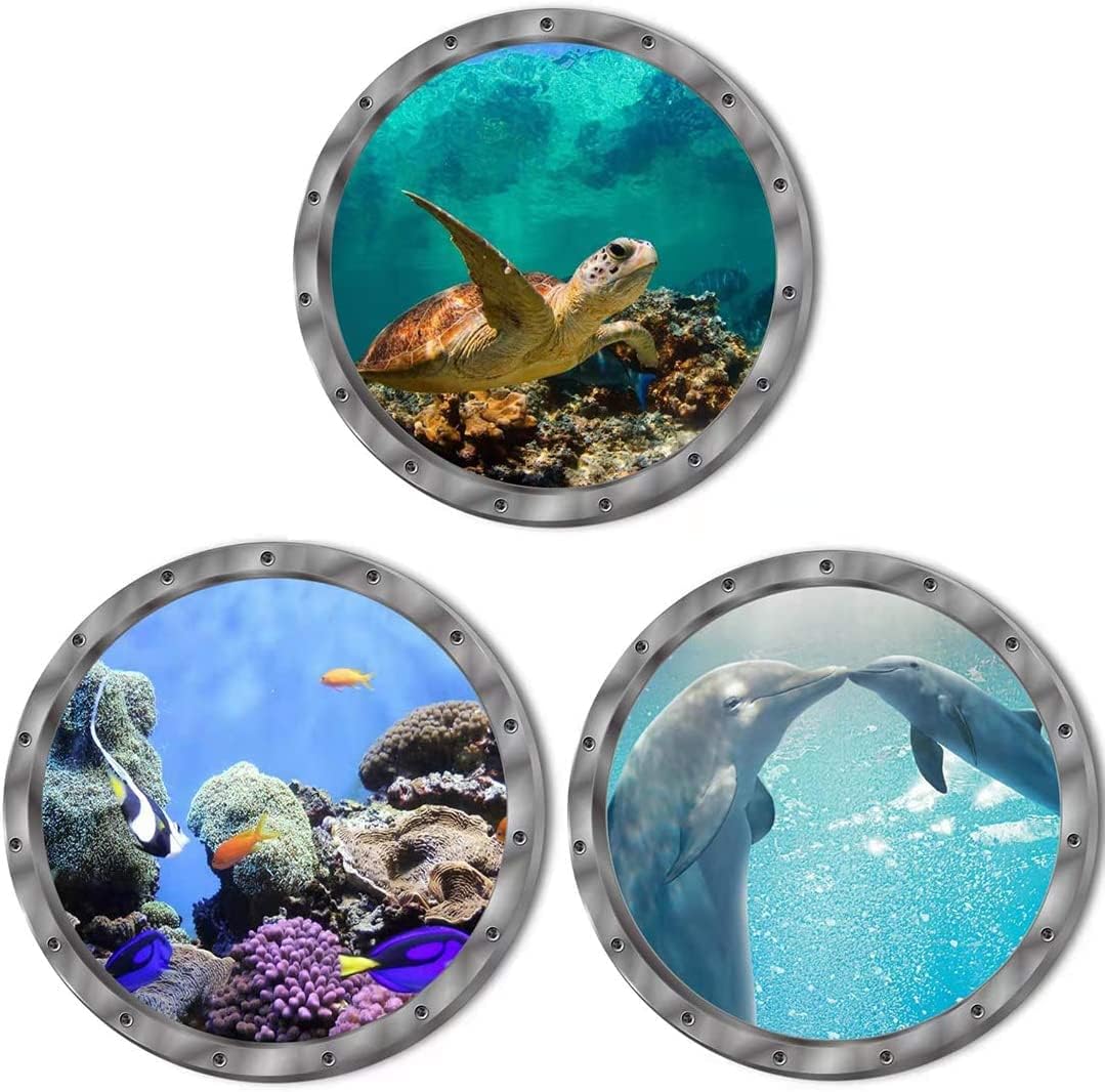 9PCS Ocean Animals World Under Sea Decor Sea Turtles Dolphins Fishes Sharks Coral Removable 3D Peel and Stick Vinyl Stickers
