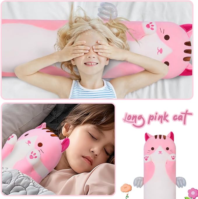 Long Plush Toy Cat Pillow Cute Plush Cat Toy Doll Stuffed Animal Cat Hugging Pillow for Sleeping Gift for Kids and Girls(Pink,50cm/19.6in)