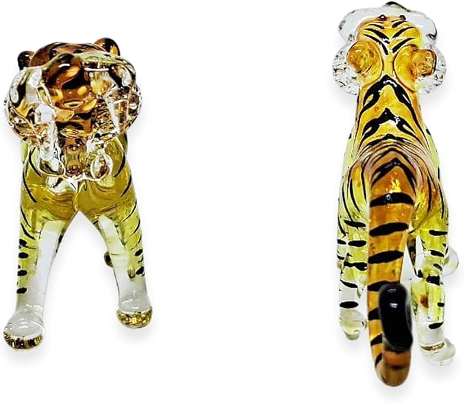 WitnyStore Tiny 1¾" Long Yellow Black Standing Tiger Roaring Figurine - Miniature Hand Blown Painted Glass Panthera Wild Cat Small Crystal Wildlife Animals Decorative Collectible Figurines Décor Gifts
