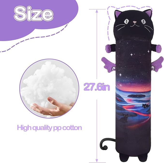Long Cat Plush Pillow, 27.6in Cute Purple Cat Plushie Stuffed Animals Body Pillow with Wing, Kawaii Kitten Soft Plushie Doll Toy Birthday Gift for Kids Girlfriend