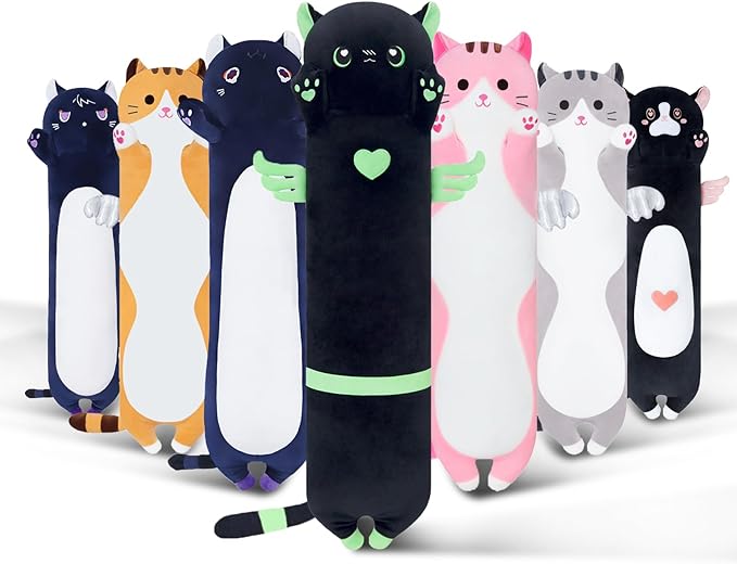 Long Cat Plush Body Pillow, Cute Cat Plush Toy Pillows with Wings, Stuffed Animals Kitten Soft Plushies Gifts for Kids Girls Girlfriend(AngelCat Green, 35.4in/90cm)