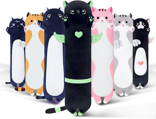 Long Cat Plush Body Pillow, Cute Cat Plush Toy Pillows with Wings, Stuffed Animals Kitten Soft Plushies Gifts for Kids Girls Girlfriend(AngelCat Green, 43.3in/110cm)
