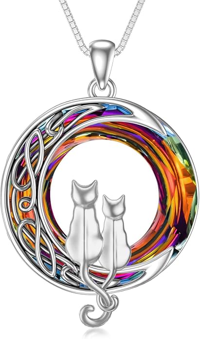 TOUPOP Cat Gifts for Cat Lovers 1 2 3 Cats Necklace Sterling Silver Cat on the Moon Pendant Necklace with Blue Circle Crystal Birthday Christmas Celtic Jewelry Gifts for Women