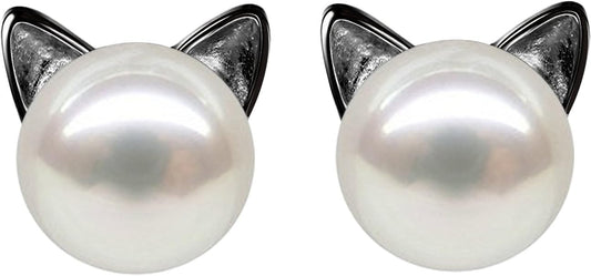 Wicary Cat Earrings Sterling Silver Pearl Earrings for Women Cat Stud Earring for Cat Lovers