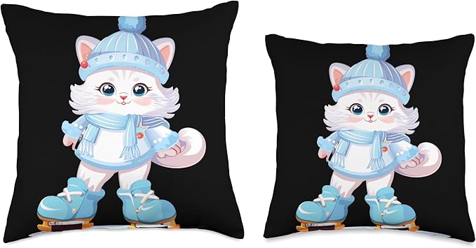 Persian Cat Figure Skater Ice Skates Kids Throw Pillow, 16x16, Multicolor