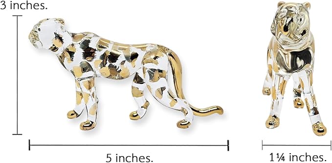 WitnyStore Tiny 5" Clear Gold Stand Cheetah Leopard - Miniature Hand Blown Painted Glass Panthera Feline Wild Cats Small Crystal Wildlife Animals Decorative Figures Collectible Figurines Décor Gifts