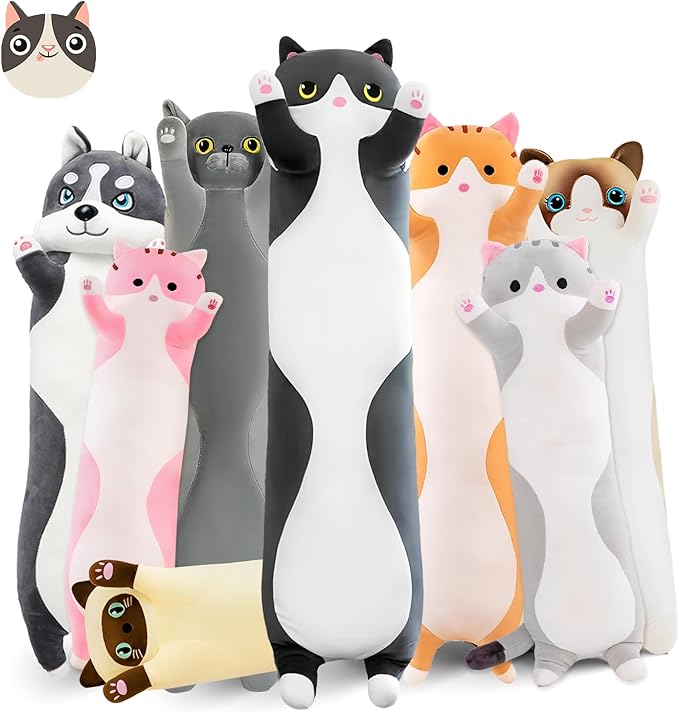 Long Cat Plush Pillow, 43.3in Cute Black Cat Plushie Stuffed Animals Body Pillow, Kawaii Kitten Soft Plushie Doll Toy Birthday Gift for Kids Girlfriend