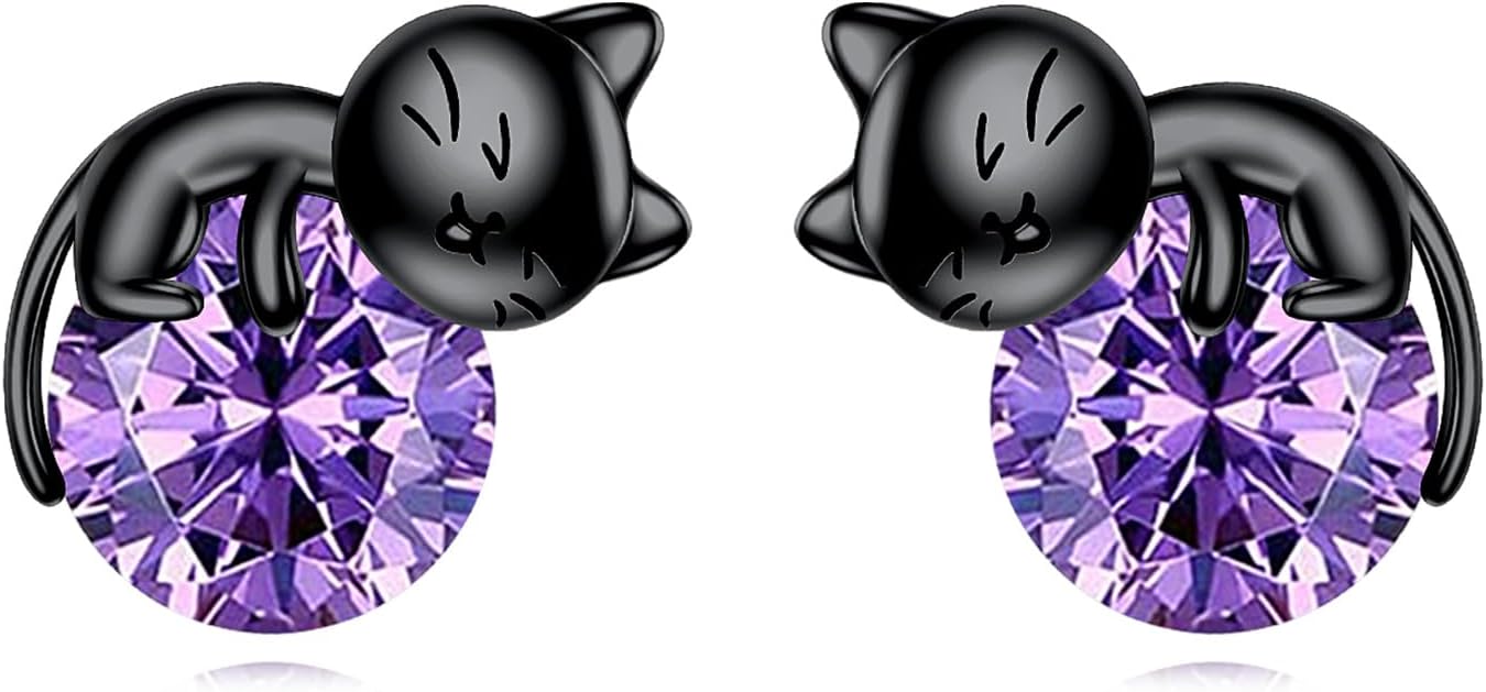 Sterling Silver Birthstone Black Cat Stud Earrings - Cat Birthstone Earrings for Women's Birthday Gift