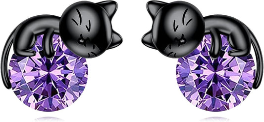 Sterling Silver Birthstone Black Cat Stud Earrings - Cat Birthstone Earrings for Women's Birthday Gift