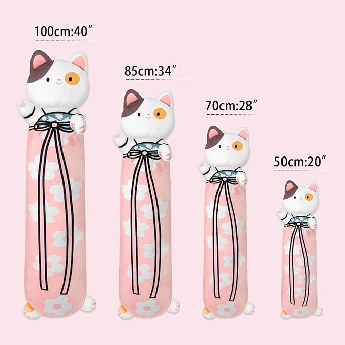 Long Cat Plush Pillow Cherry Blossom Cat Body Pillow Soft and Huggable Stuffed Animals Kawaii Plush Pillow for Girls Boys and Girlfriend, (Pink,33.5in/85cm)