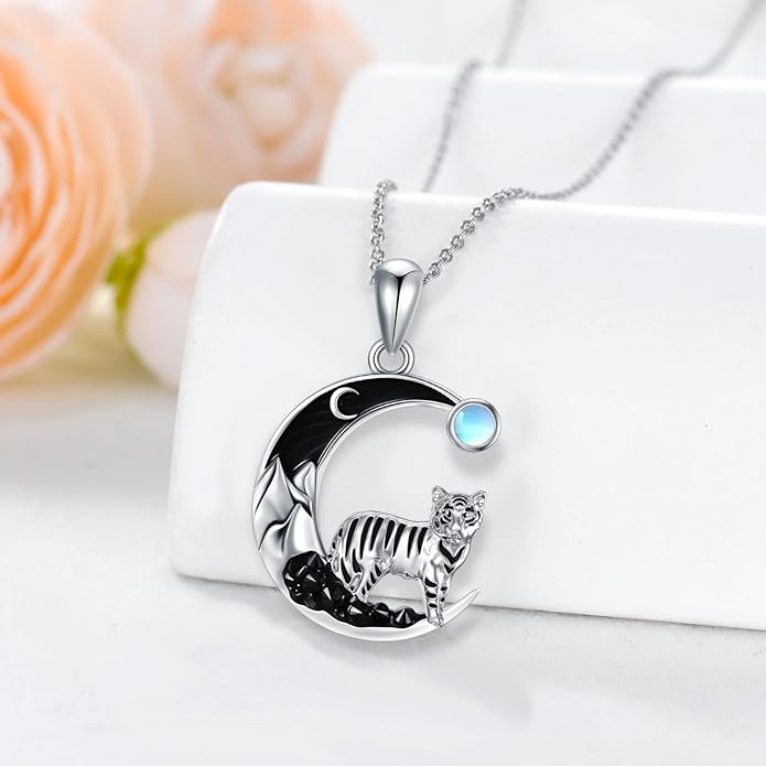 Gothic Jewelry Bat/Cat/Wolf/Dragon/Owl/Fox/Spider/Sun Pendant Sterling Silver Crescent Moon Necklace for Women Girls Black Jewelry Gifts