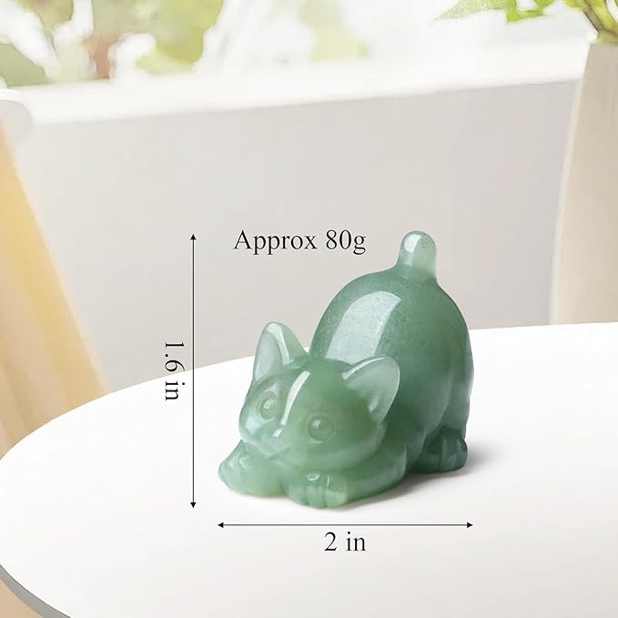 Green Aventurine Cat Crystal Statue Carved Room Decor Figurines for Natural Lazy Gemstones Home Sculpture Handcrafted Healing Stone Lucky Kitten Office Spiritual Gifts for Cat Lovers