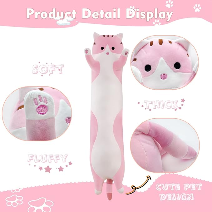 Long Cat Plush Pillow, 35.4in Cute Pink Cat Plushie Stuffed Animals Body Pillow, Kawaii Kitten Soft Plushie Doll Toy Birthday Gift for Kids Girlfriend