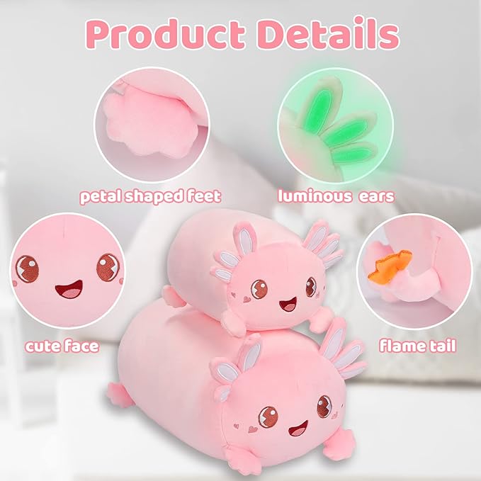 AIXINI Cute Pink Axolotl Plush Pillow 15.7" Luminous Salamander Axolotl Stuffed Animal, Soft Kawaii Plushies Hugging Plush Pillow Toy Gifts