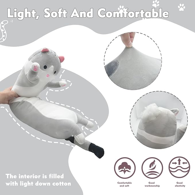 Long Cat Plush Pillow, 35.4in Cute Cat Plushie Stuffed Animals Body Pillow, Grey Kawaii Kitten Soft Plushie Doll Toy Birthday Gift for Kids Girlfriend