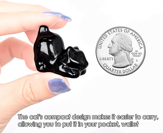 WHAL&YUNE Black Obsidian Cat 1PC, Crystal Cat Figurine, Natural Gemstone Lying Cat Ornament Hand Carved Cat Statue Cat for Cat Lovers, Gift 1.5"